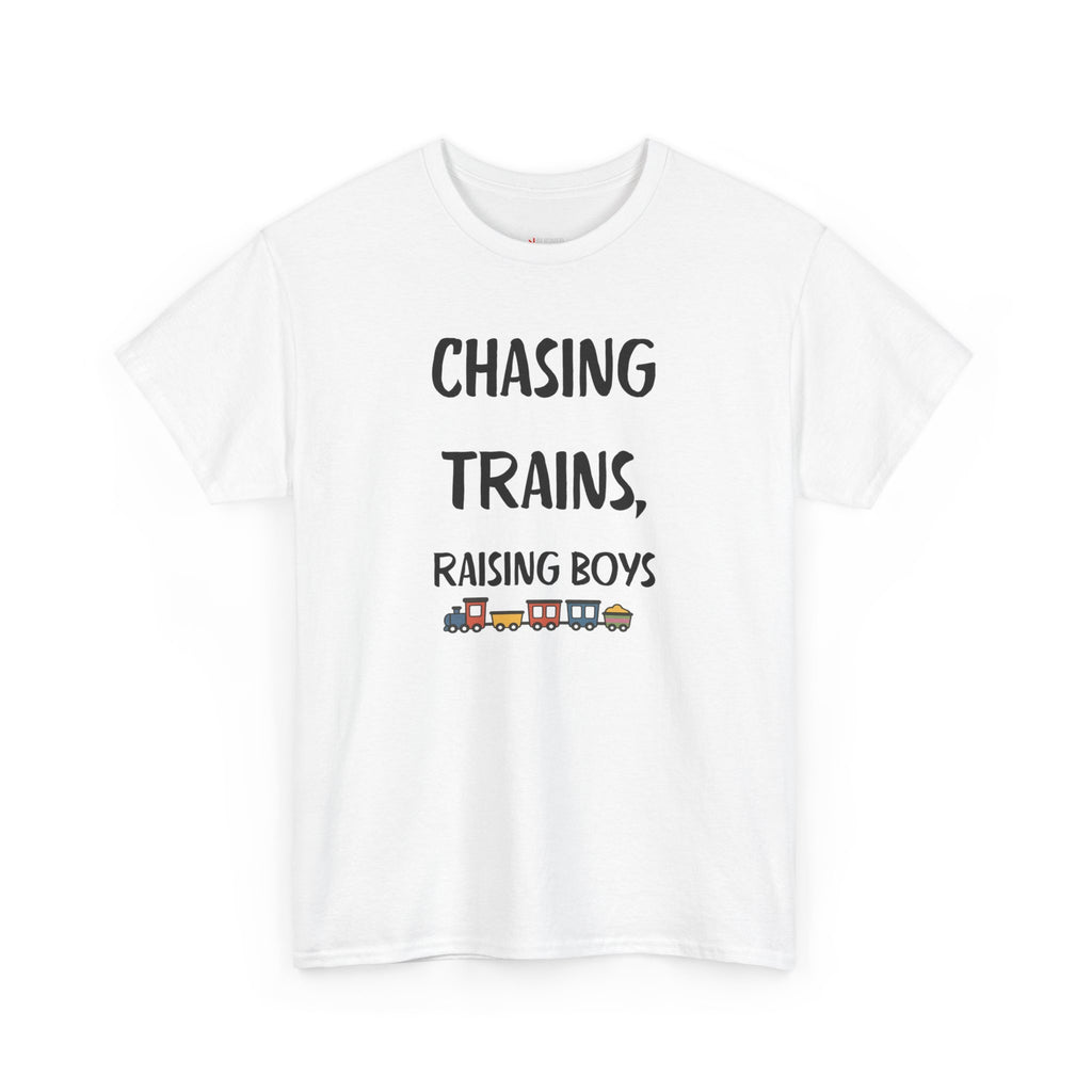 Chasing Trains, Raising Boys T-Shirt — Cute Parent Tee for Train-Loving Moms & Dads