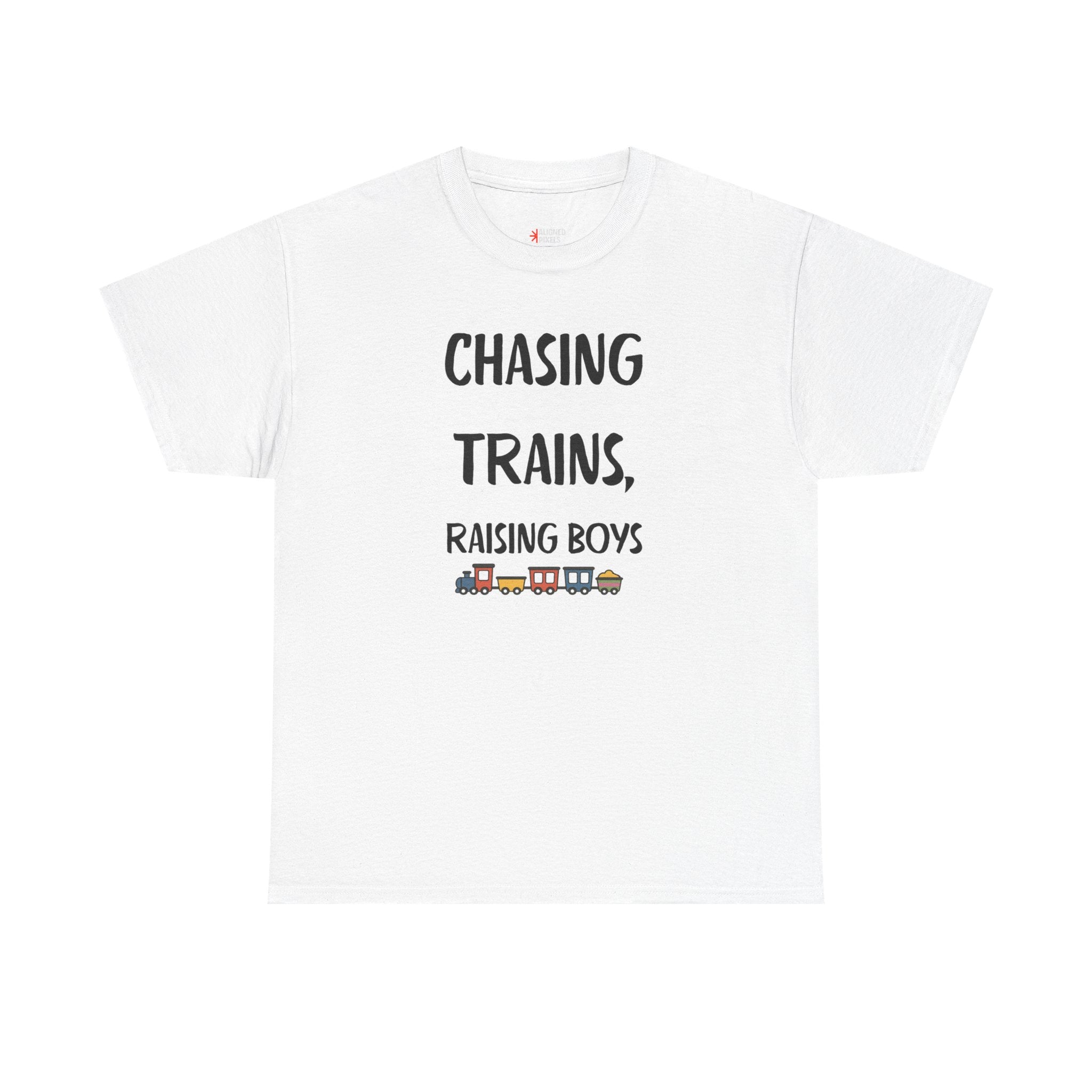 Chasing Trains, Raising Boys T-Shirt — Cute Parent Tee for Train-Loving Moms & Dads