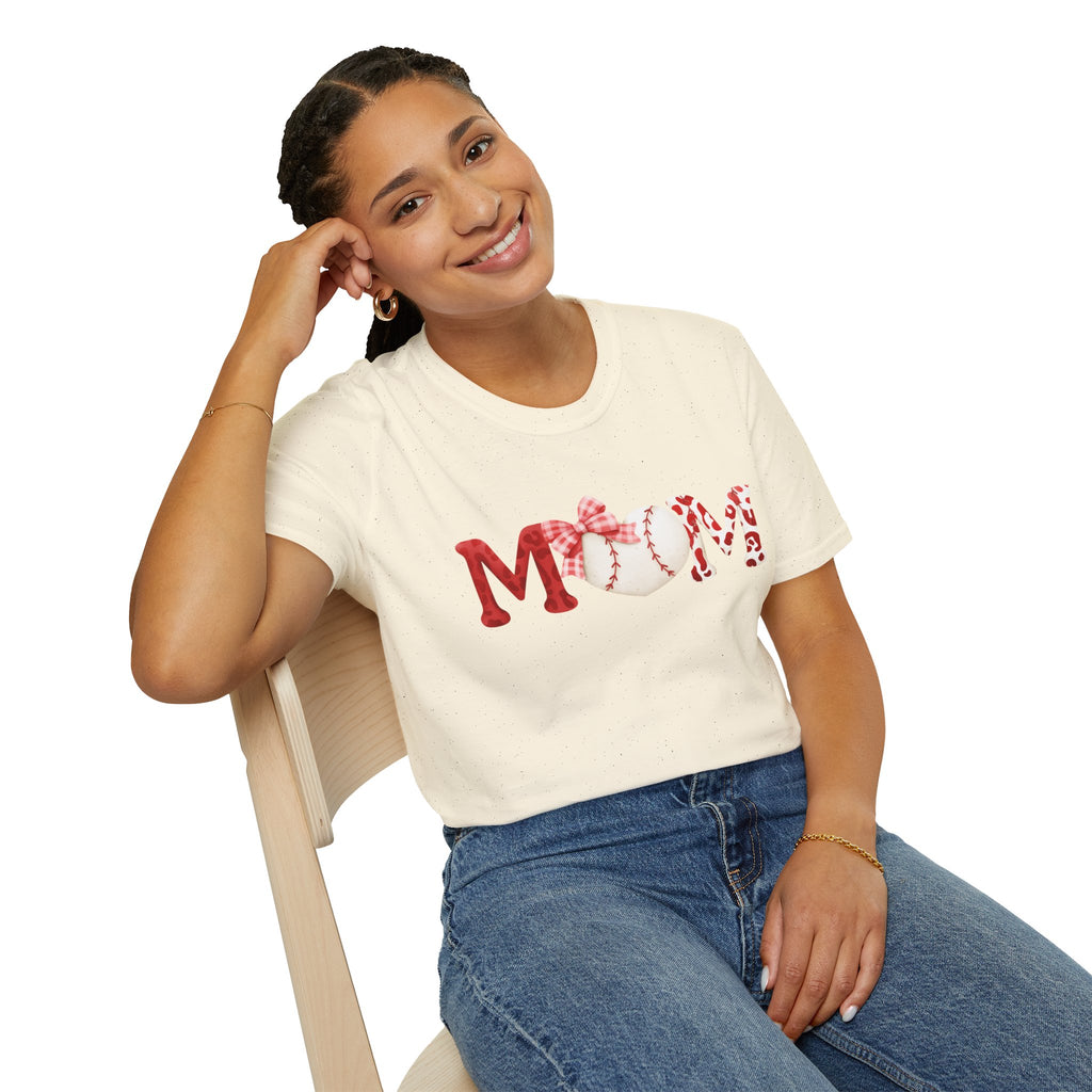 Mom Baseball Heart T-Shirt — Floral Red "MOM" Soft Tee