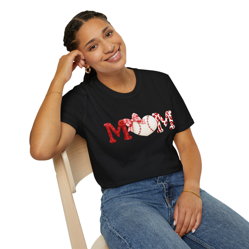 Mom Baseball Heart T-Shirt — Floral Red "MOM" Soft Tee