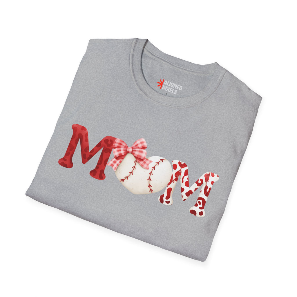 Mom Baseball Heart T-Shirt — Floral Red "MOM" Soft Tee