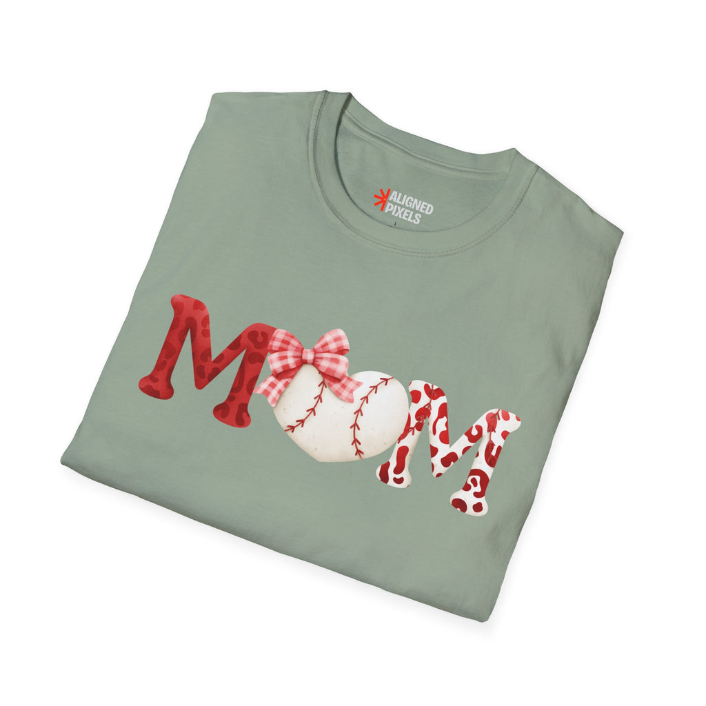 Mom Baseball Heart T-Shirt — Floral Red "MOM" Soft Tee