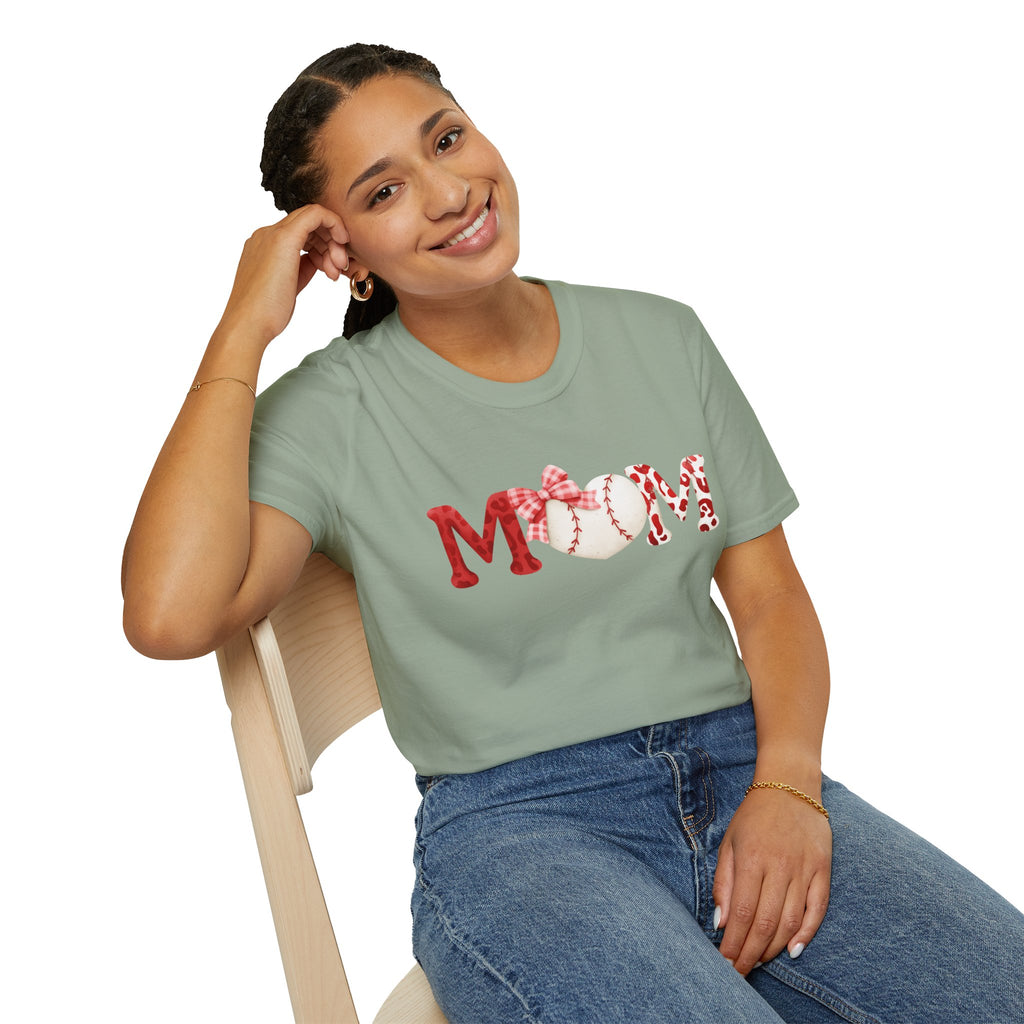 Mom Baseball Heart T-Shirt — Floral Red "MOM" Soft Tee