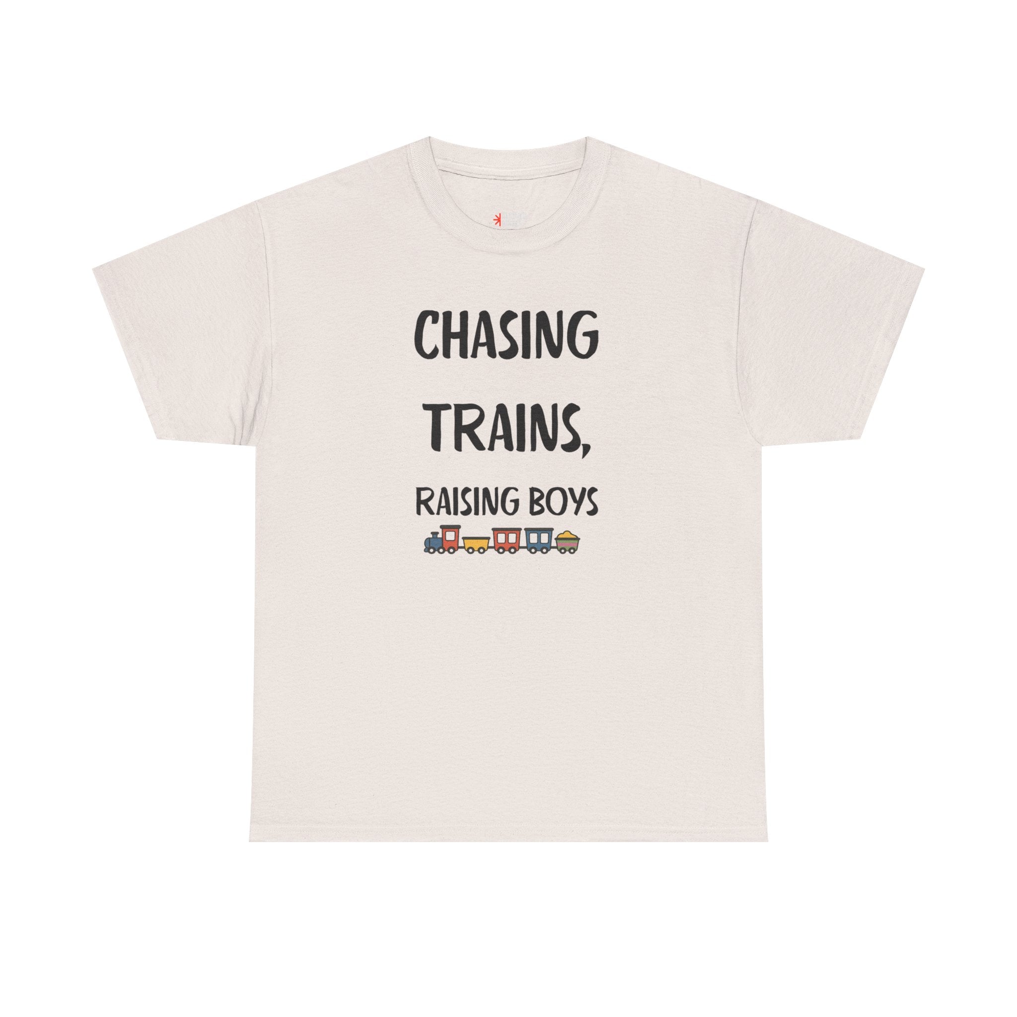 Chasing Trains, Raising Boys T-Shirt — Cute Parent Tee for Train-Loving Moms & Dads