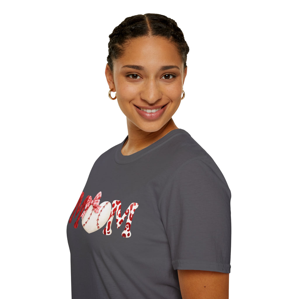 Mom Baseball Heart T-Shirt — Floral Red "MOM" Soft Tee