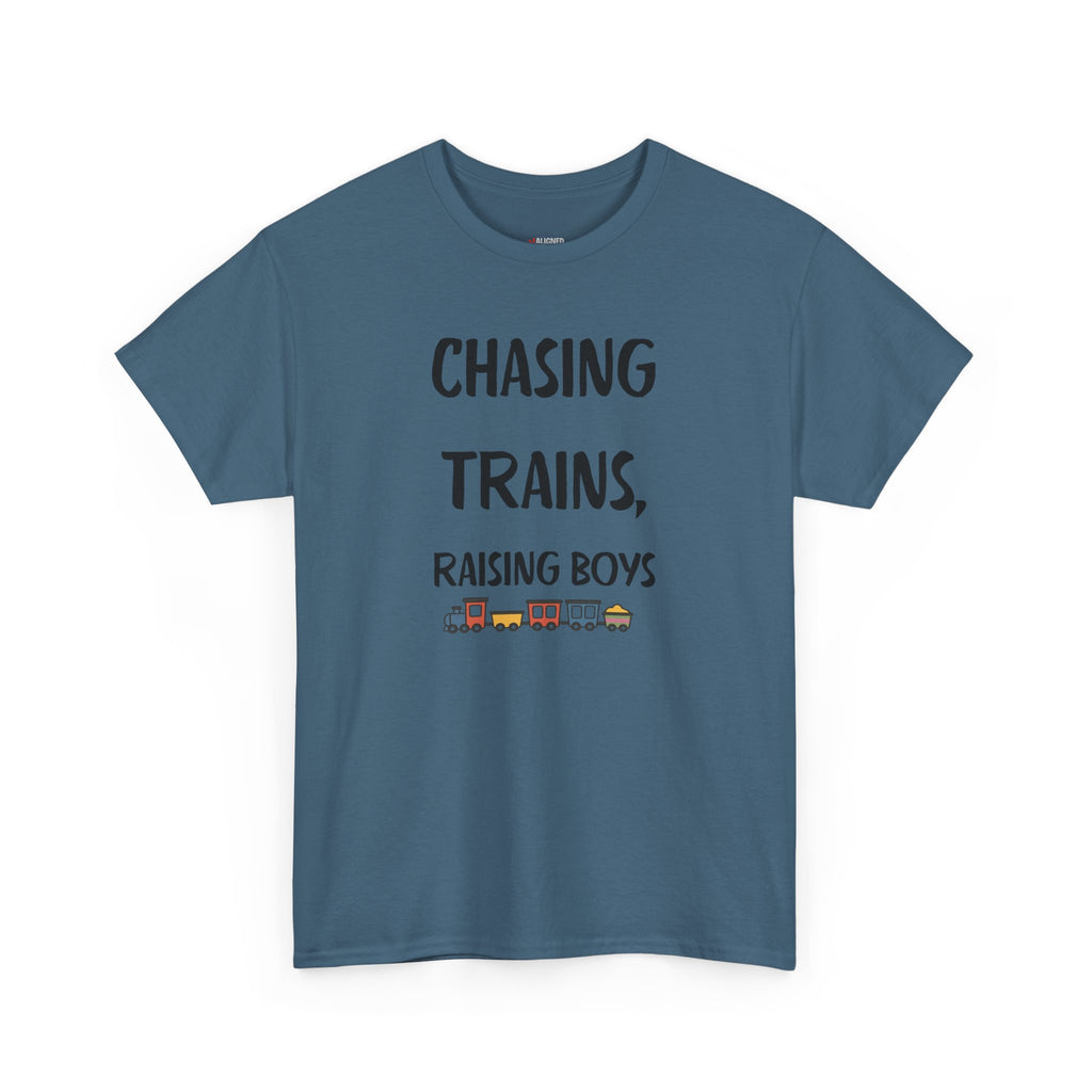 Chasing Trains, Raising Boys T-Shirt — Cute Parent Tee for Train-Loving Moms & Dads