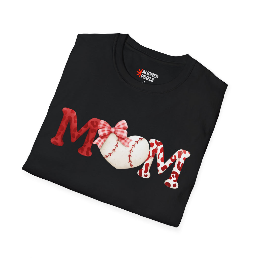 Mom Baseball Heart T-Shirt — Floral Red "MOM" Soft Tee