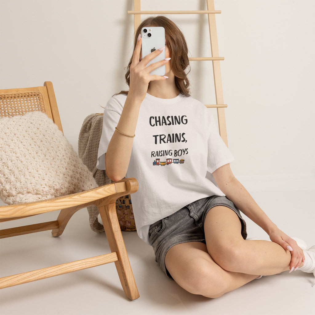Chasing Trains, Raising Boys T-Shirt — Cute Parent Tee for Train-Loving Moms & Dads