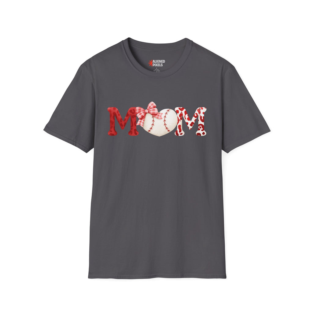 Mom Baseball Heart T-Shirt — Floral Red "MOM" Soft Tee