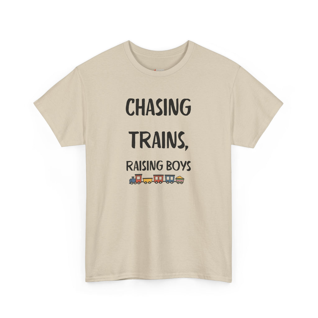 Chasing Trains, Raising Boys T-Shirt — Cute Parent Tee for Train-Loving Moms & Dads