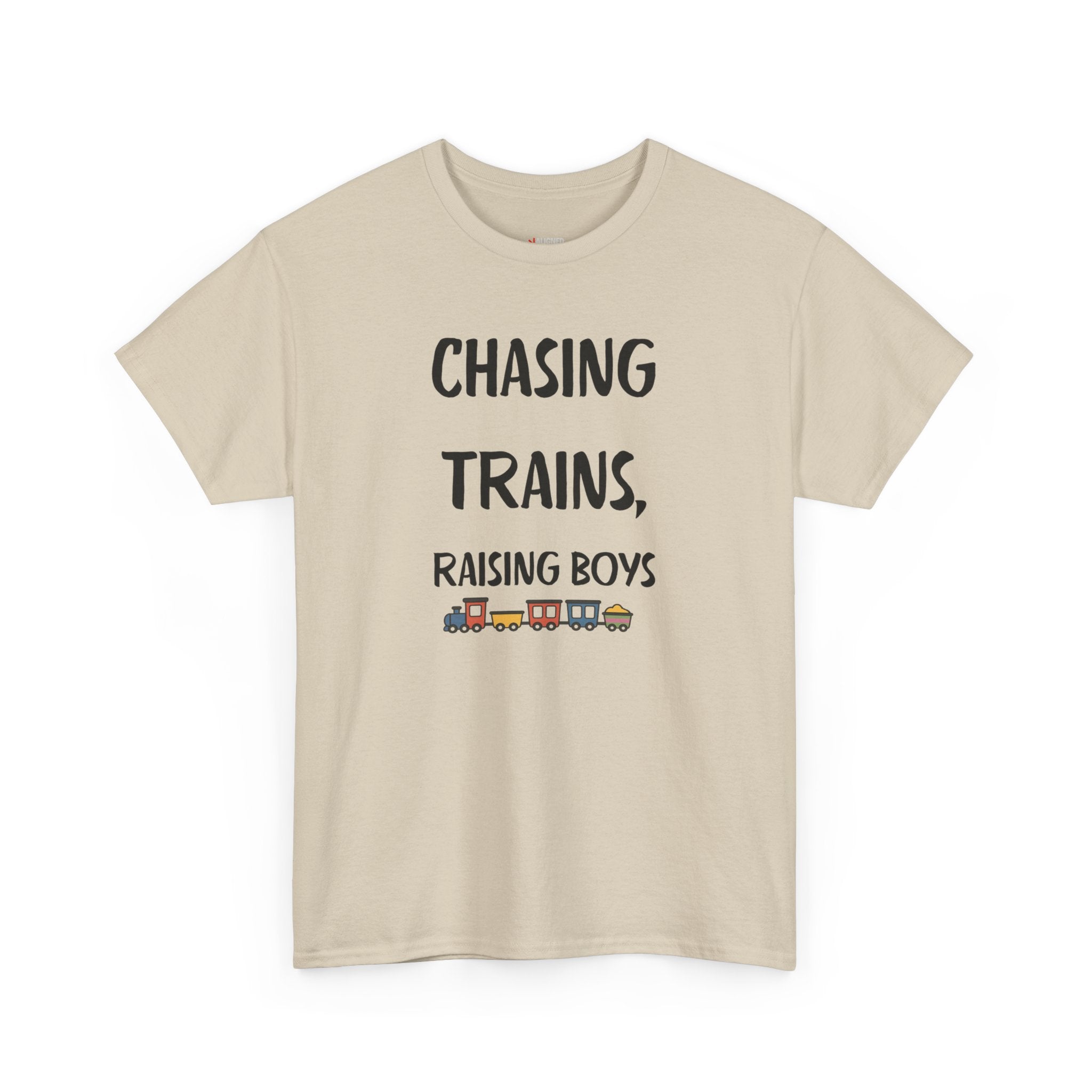 Chasing Trains, Raising Boys T-Shirt — Cute Parent Tee for Train-Loving Moms & Dads