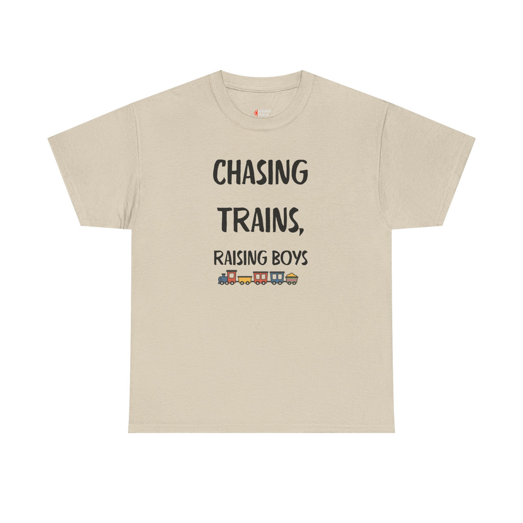 Chasing Trains, Raising Boys T-Shirt — Cute Parent Tee for Train-Loving Moms & Dads