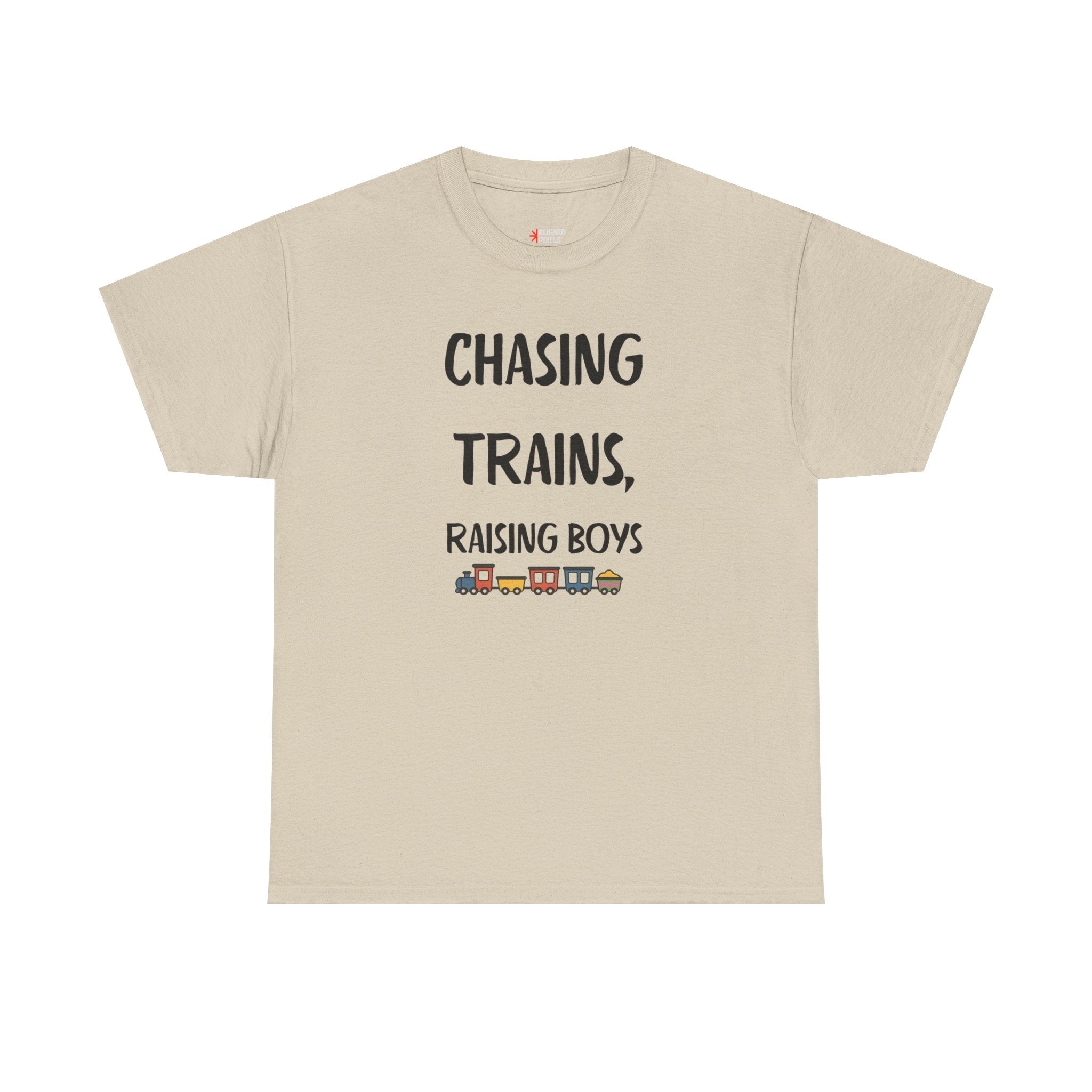 Chasing Trains, Raising Boys T-Shirt — Cute Parent Tee for Train-Loving Moms & Dads