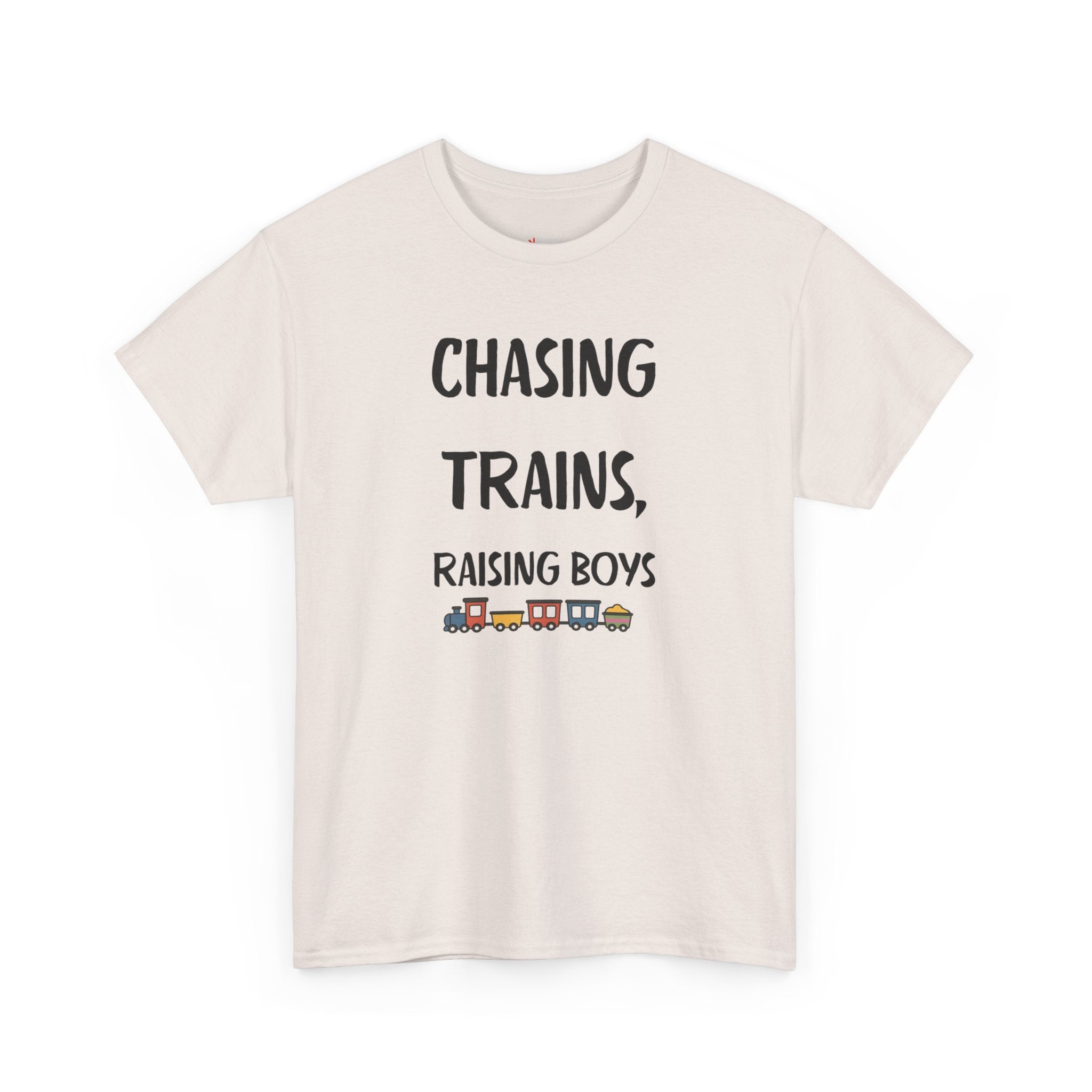 Chasing Trains, Raising Boys T-Shirt — Cute Parent Tee for Train-Loving Moms & Dads