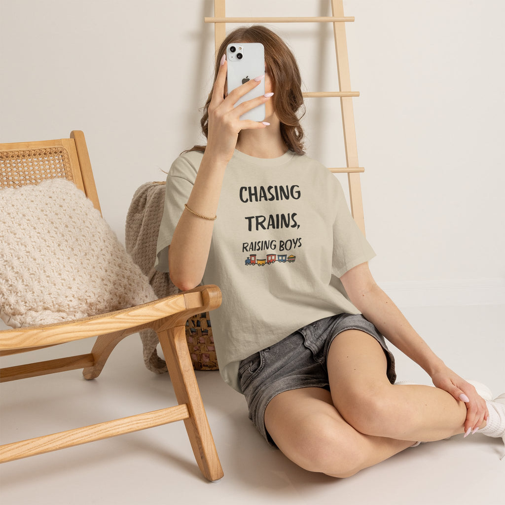 Chasing Trains, Raising Boys T-Shirt — Cute Parent Tee for Train-Loving Moms & Dads