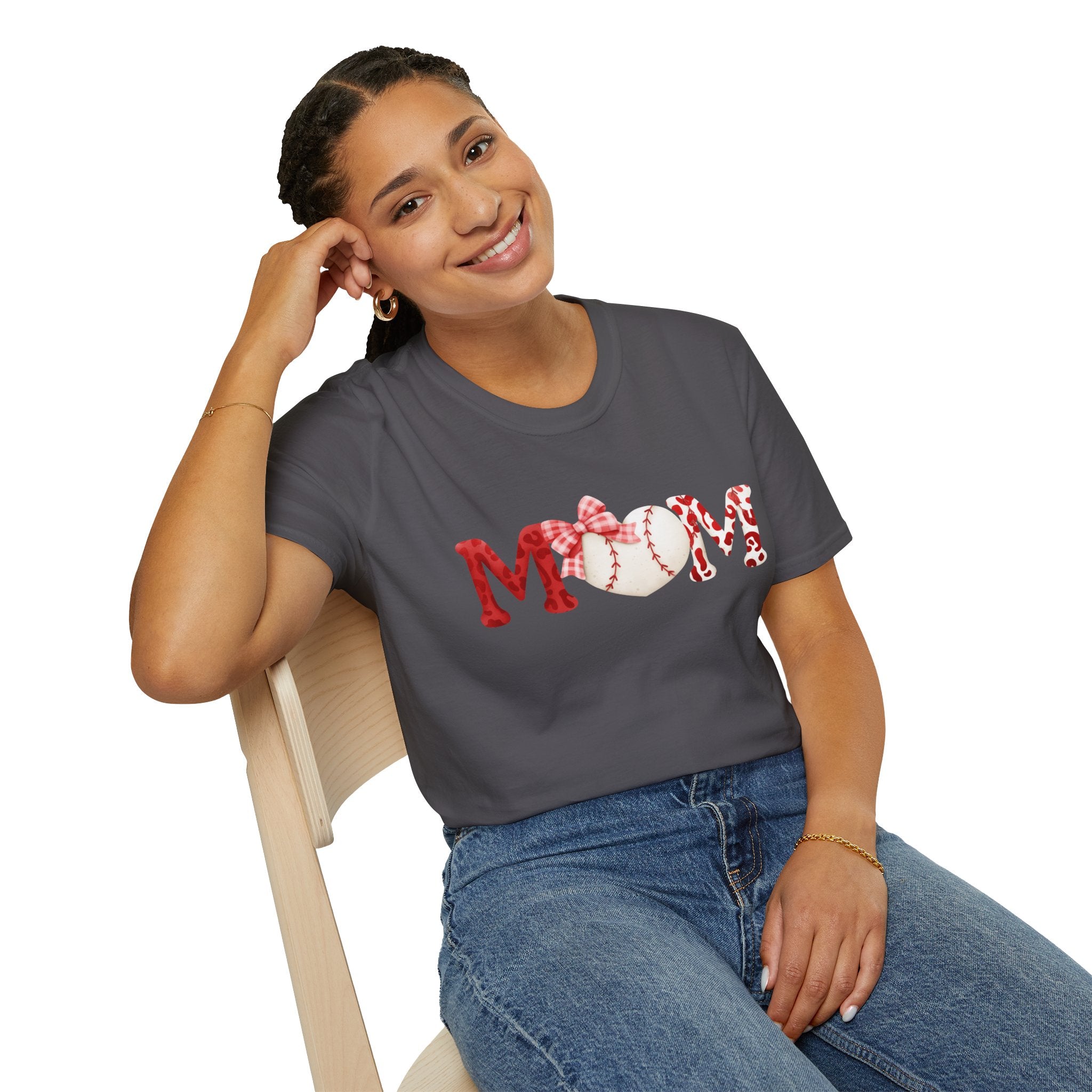 Mom Baseball Heart T-Shirt — Floral Red "MOM" Soft Tee