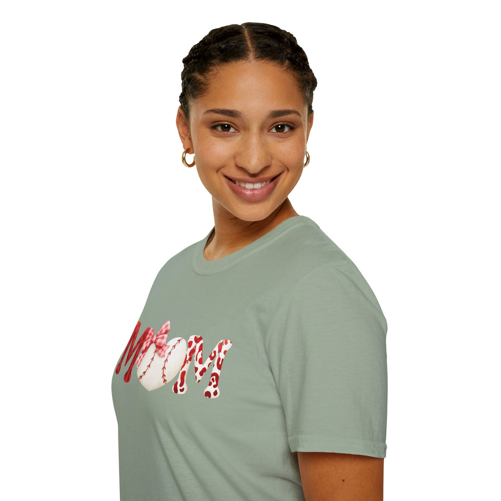 Mom Baseball Heart T-Shirt — Floral Red "MOM" Soft Tee