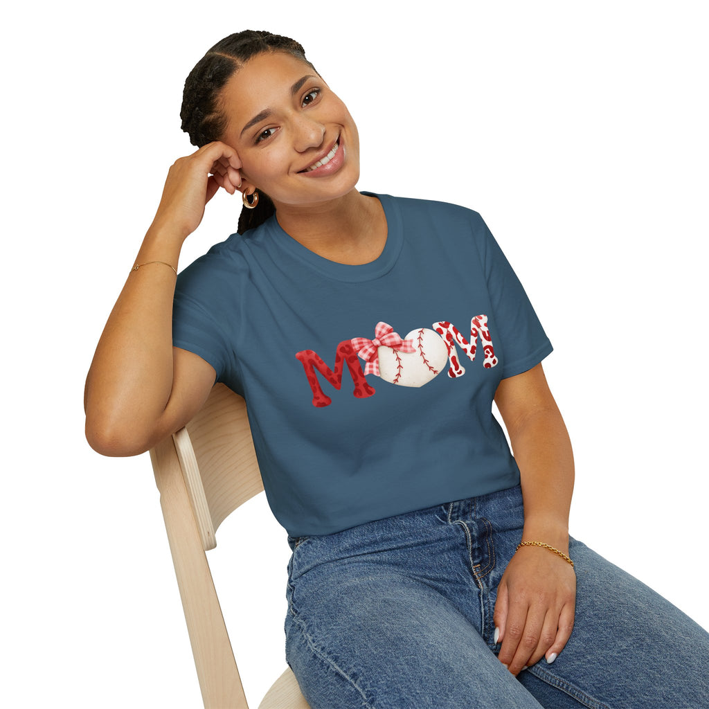 Mom Baseball Heart T-Shirt — Floral Red "MOM" Soft Tee