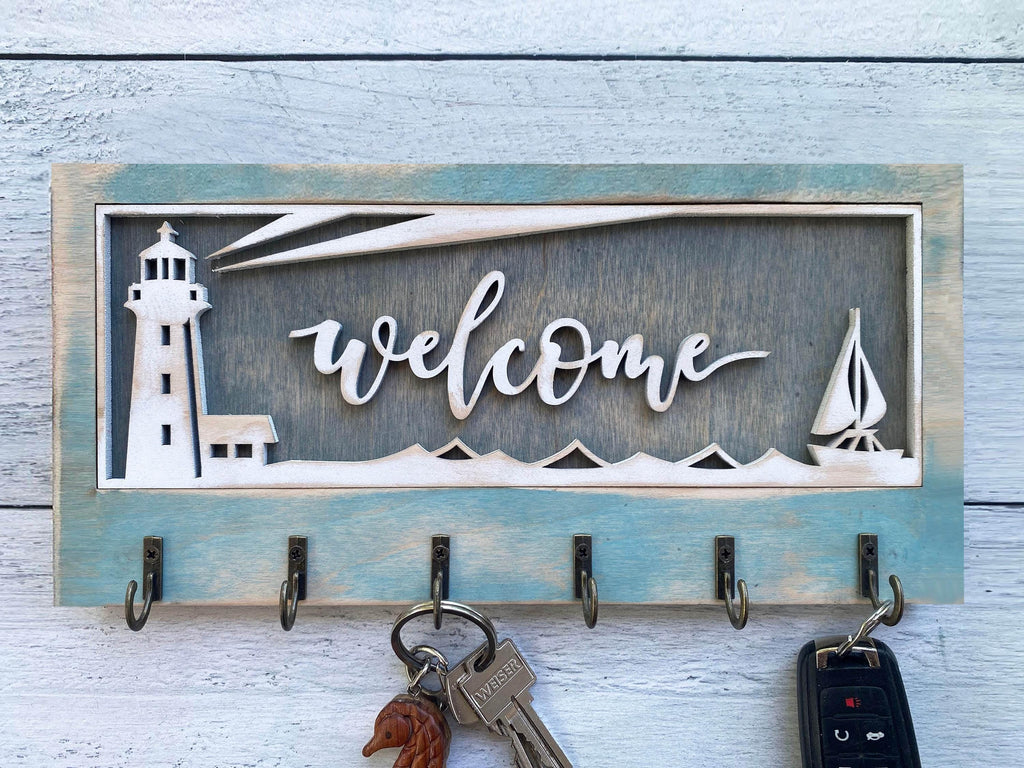 Wooden Key Holder with Lighthouse and Sailboat Design, Coastal Home Decor