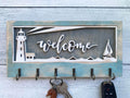 Wooden Key Holder with Lighthouse and Sailboat Design, Coastal Home Decor
